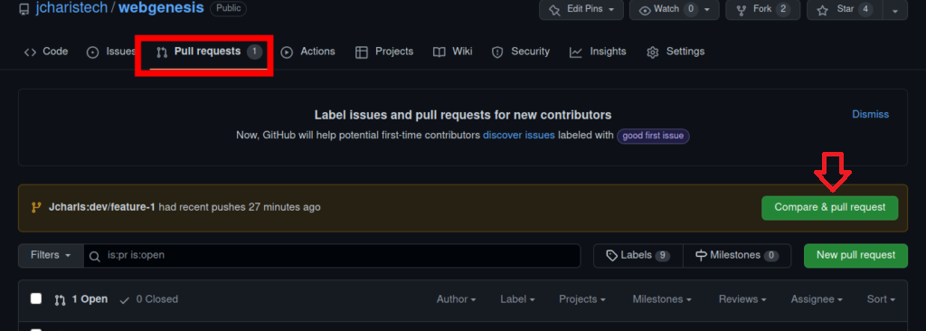 4. Ensure the base repository is set to the main/master repository and the base branch is `main