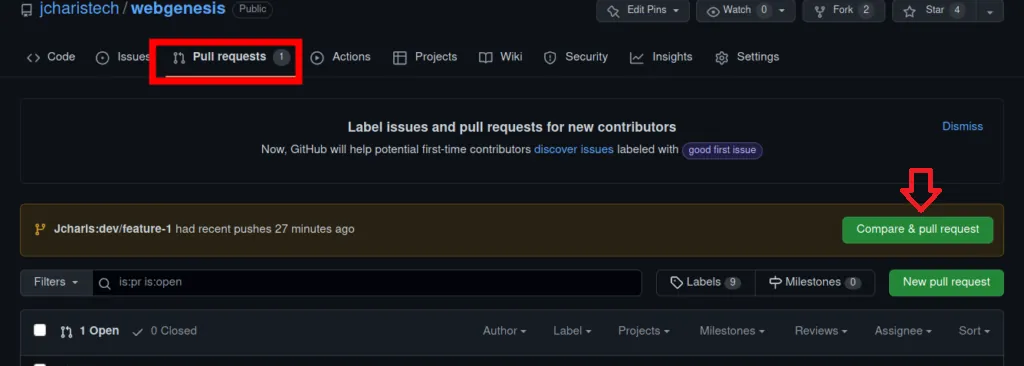 4. Ensure the base repository is set to the main/master repository and the base branch is `main