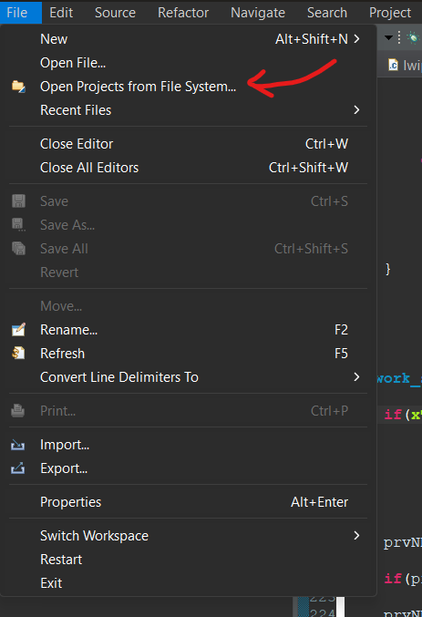 Import projects menu