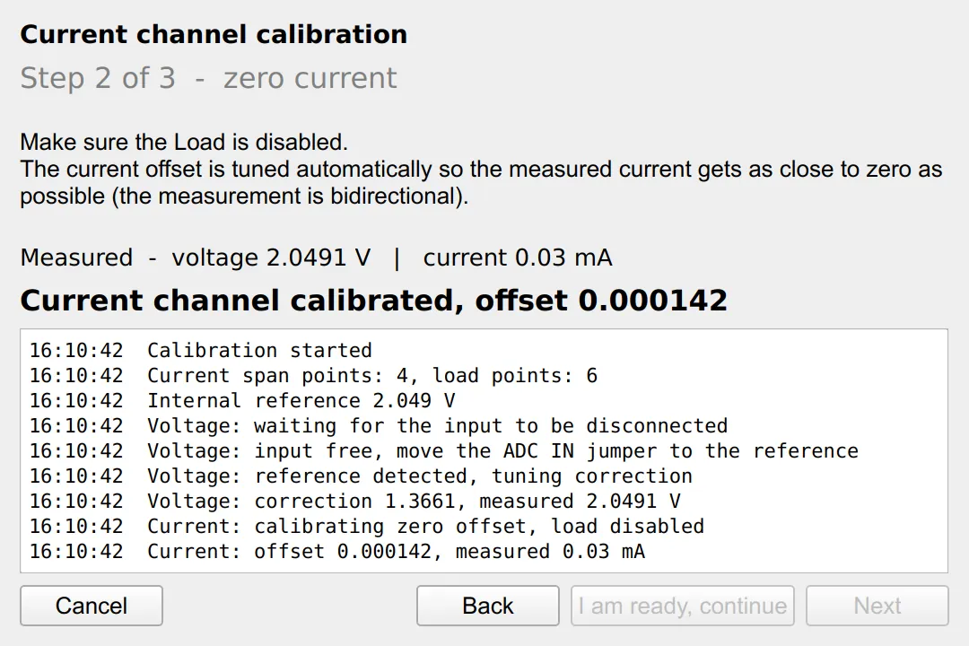 The current zero stage: load disabled, the offset driven until the measured current is as close to zero as possible