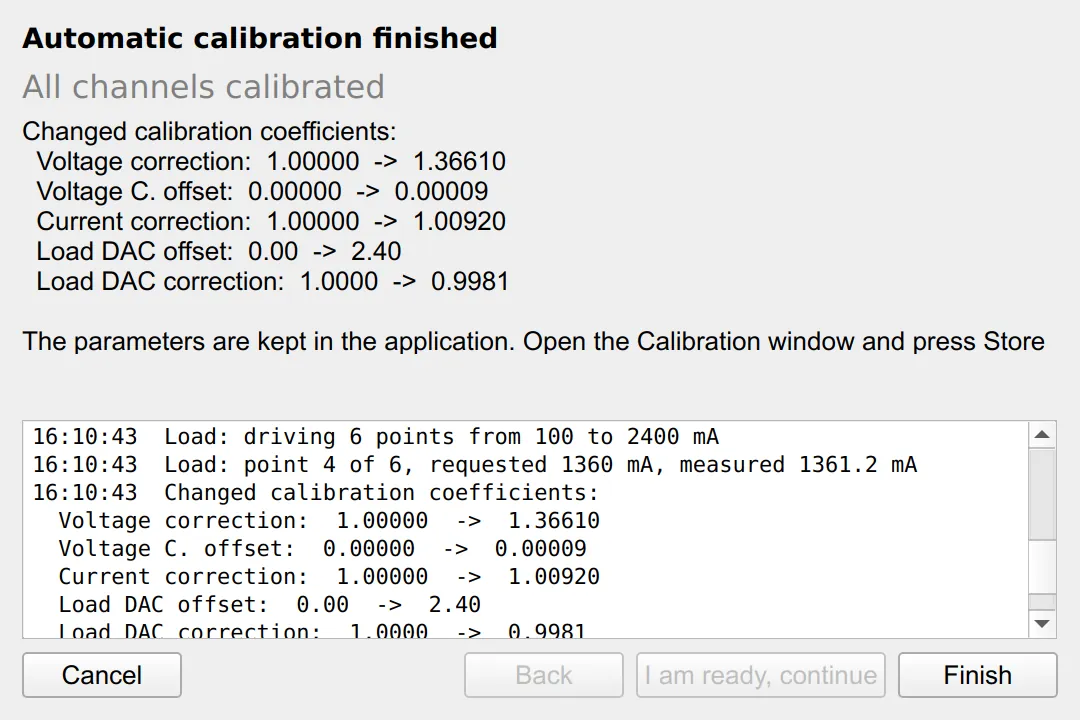 The closing report lists only the coefficients that changed, old value next to new