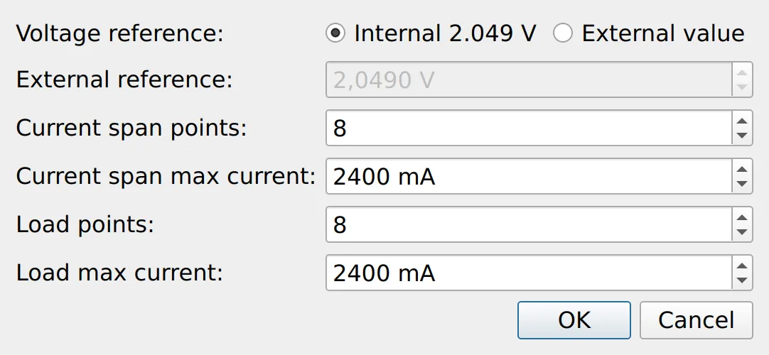 The single setup window: reference, plus point count and maximum current for the current span and the load