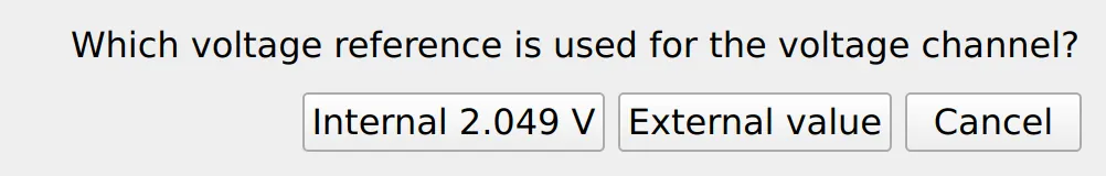 The first prompt: choosing between the internal 2.049 V reference and an external value