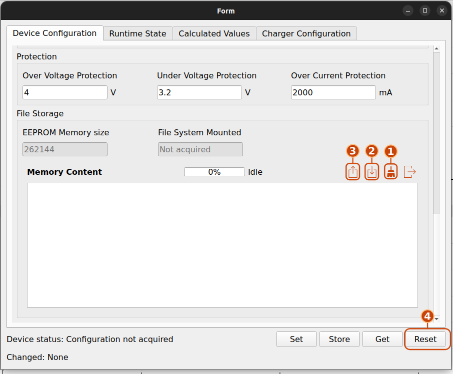 OpenEPT GUI Device Configuration tab, showing the File Storage panel used to format, load, and read back the EPP's persistent memory