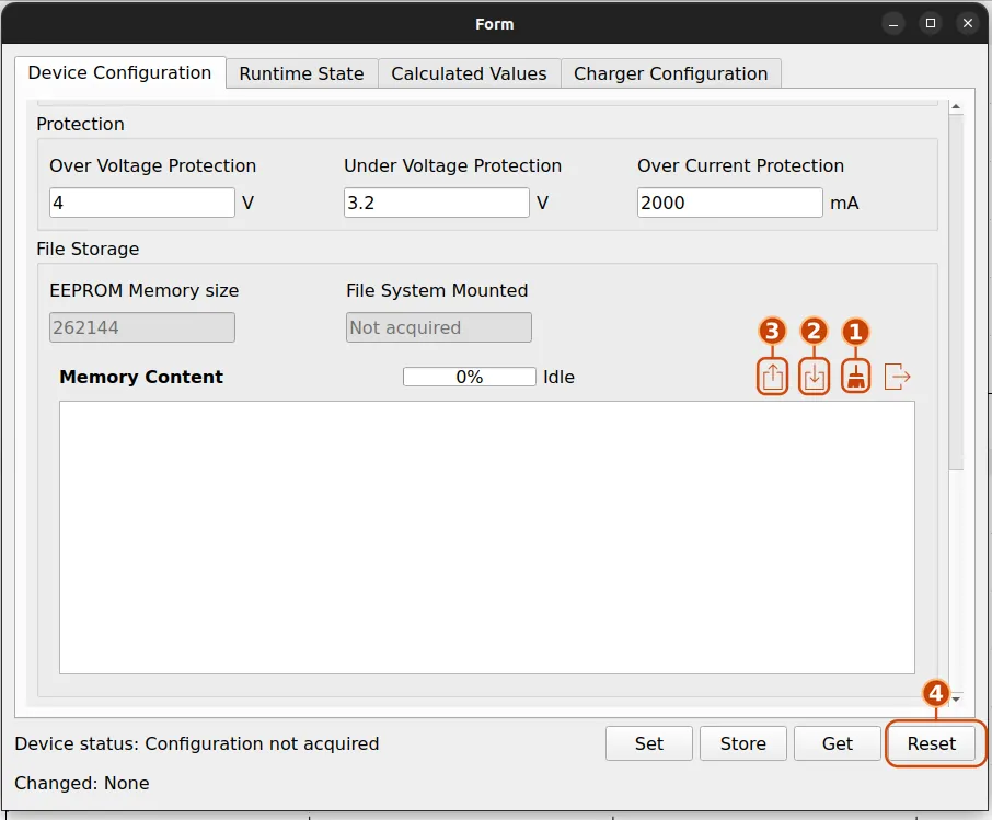 OpenEPT GUI Device Configuration tab, showing the File Storage panel used to format, load, and read back the EPP's persistent memory
