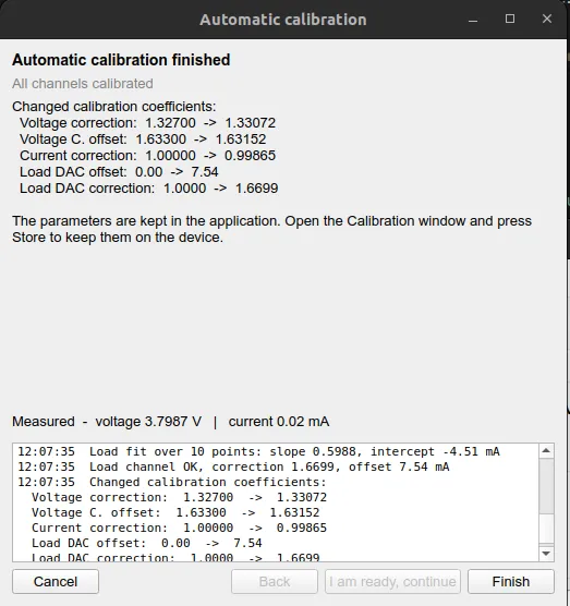 The automatic calibration finished dialog listing the changed coefficients