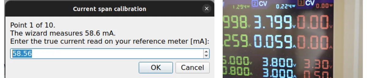 Left: the wizard's prompt for span point 1. Right: the generator display