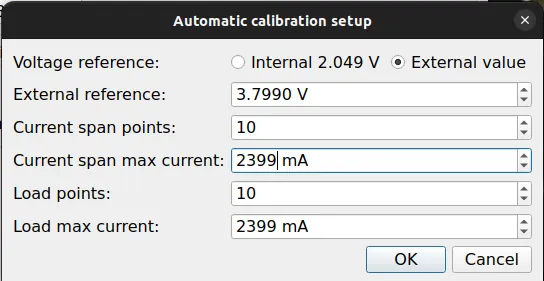 The automatic calibration setup window configured for an external 3.799 V reference