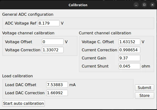 The Calibration window populated with the new coefficients after Finish